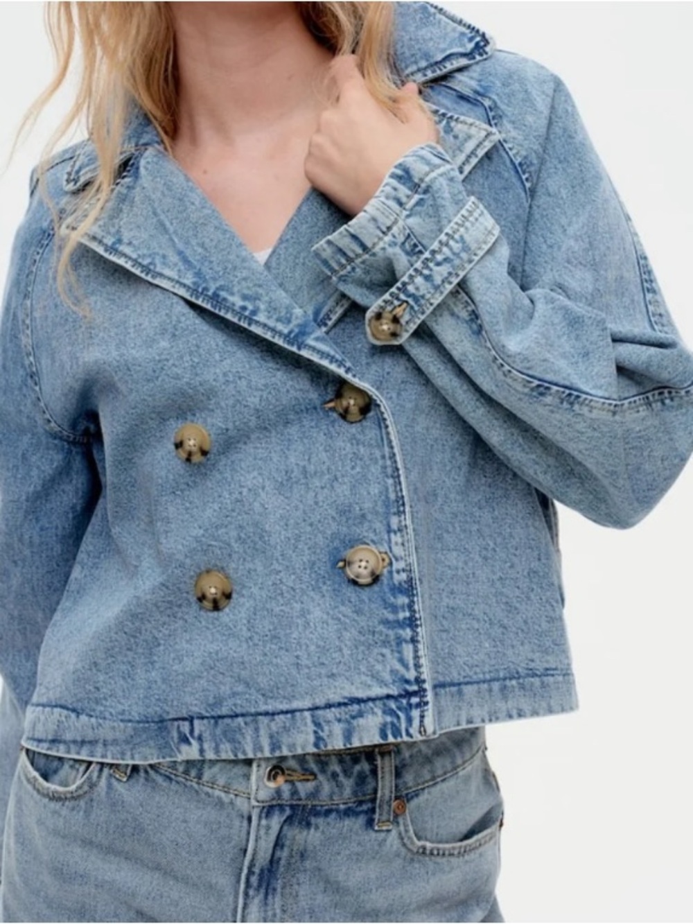 H&M short trench coat in light denim blue